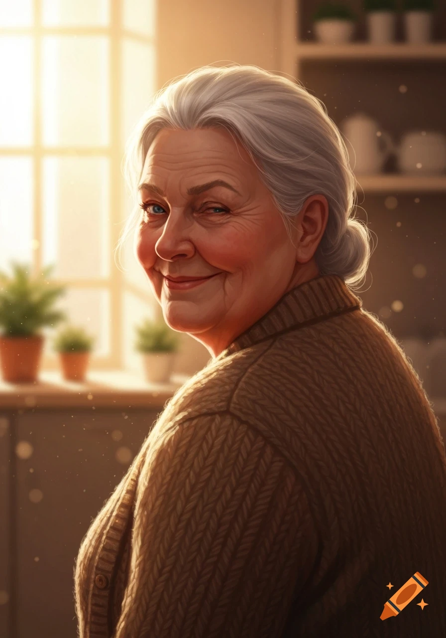 Elderly woman with gray hair, wearing a brown sweater, smiles and winks over her shoulder in warm, golden light.