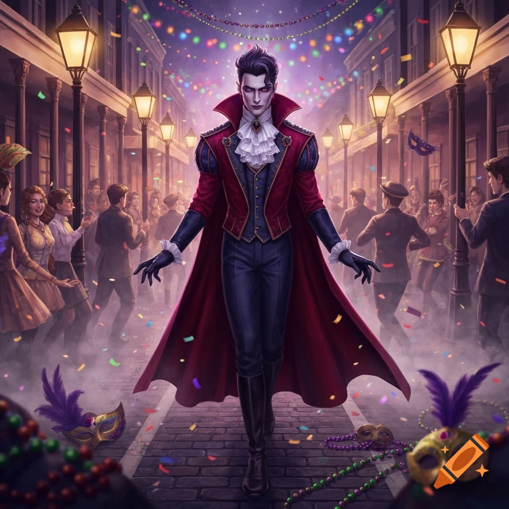 A flamboyant vampire in a red cape and ruffled shirt stands on a confetti-strewn street during a lively Mardi Gras celebration with blurred crowds.