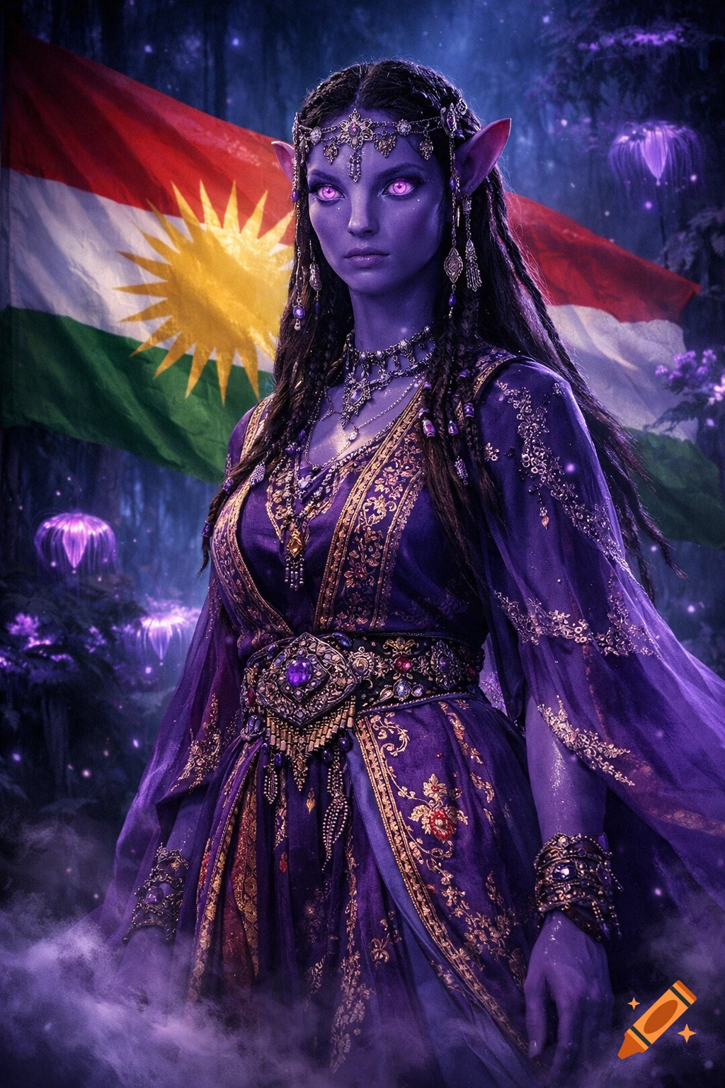 A purple-skinned, purple-eyed fantasy woman in an ornate purple and gold Kurdish-style dress stands against a Kurdistan flag and glowing forest.