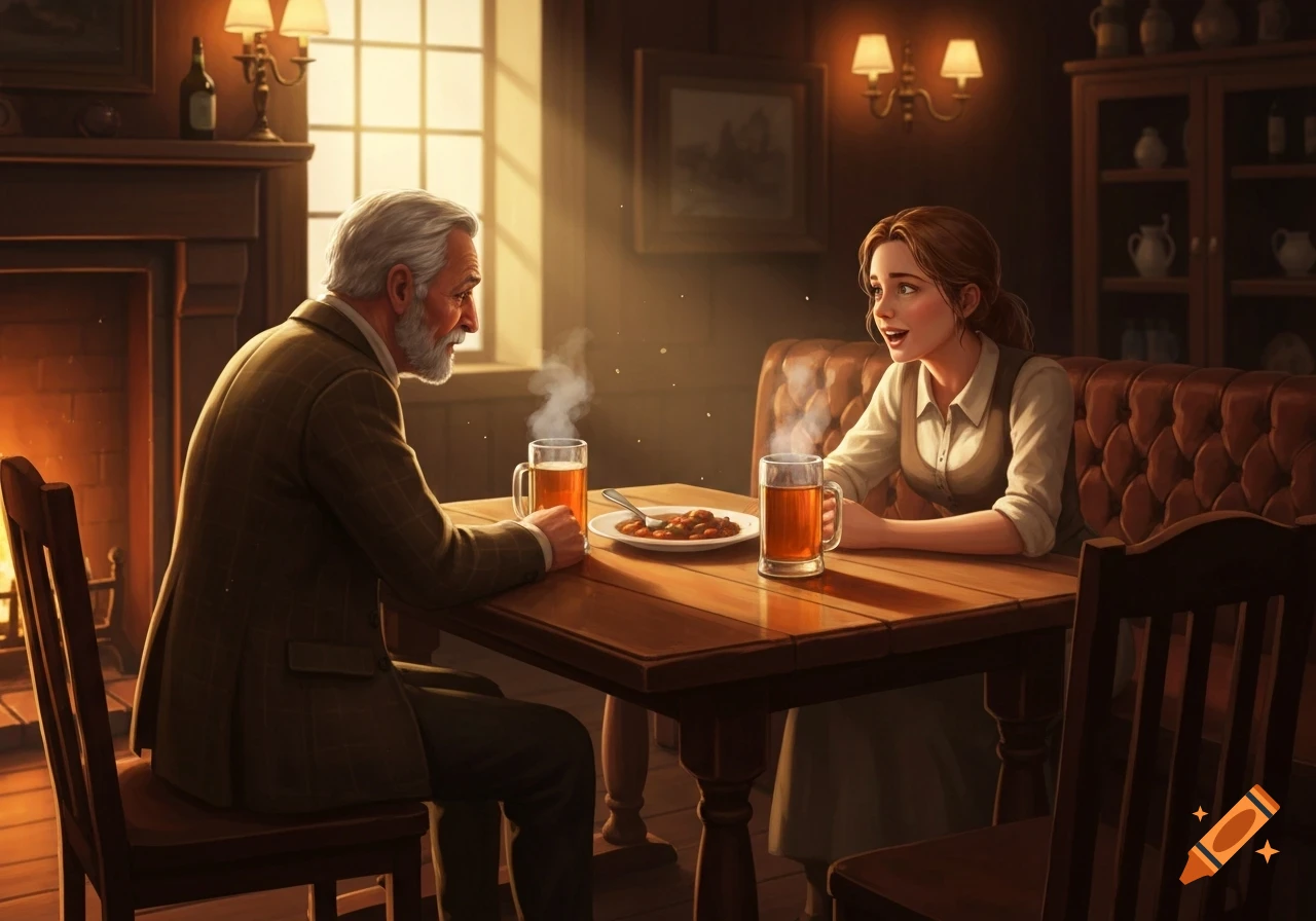 An older man and a younger woman talk at a wooden table in a cozy, dimly lit pub, with steaming mugs and food.
