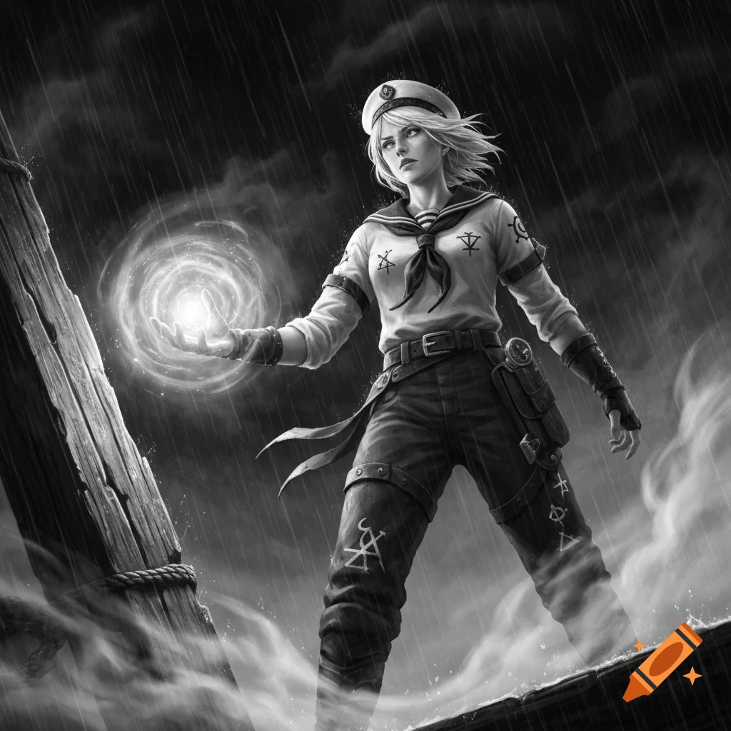 A black and white illustration of a blonde female sailor mage in a storm, holding a glowing orb.