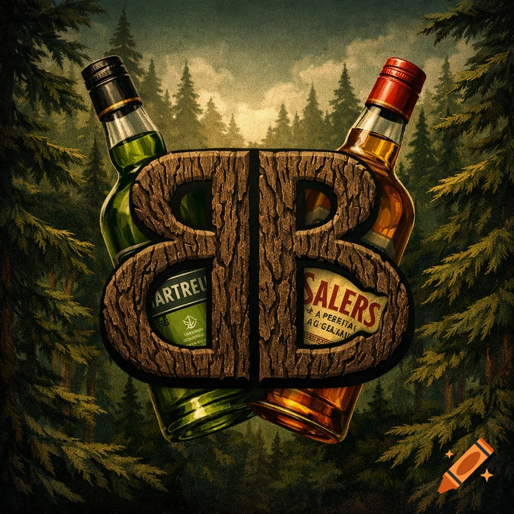 A rustic logo with two bark-textured 'B's back-to-back, overlaid on crossing bottles of green and amber liqueur, set against a dark evergreen forest background.