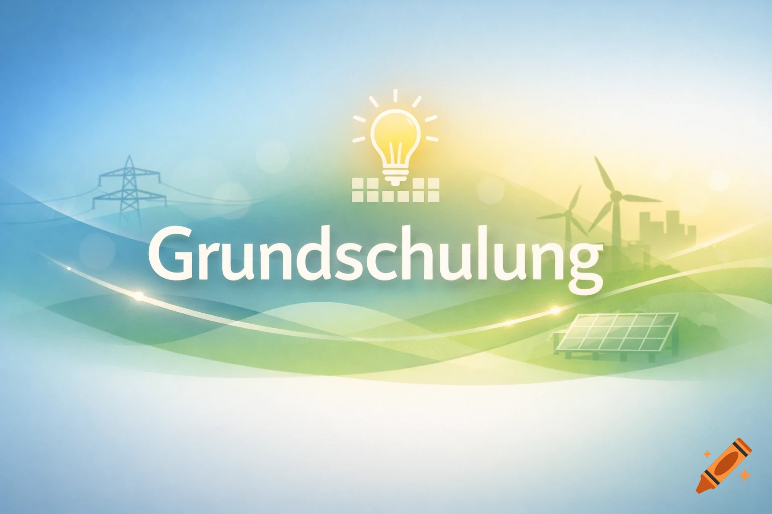 The word 'Grundschulung' with energy icons like a lightbulb, solar panels, and wind turbines on an abstract blue, green, and yellow background.