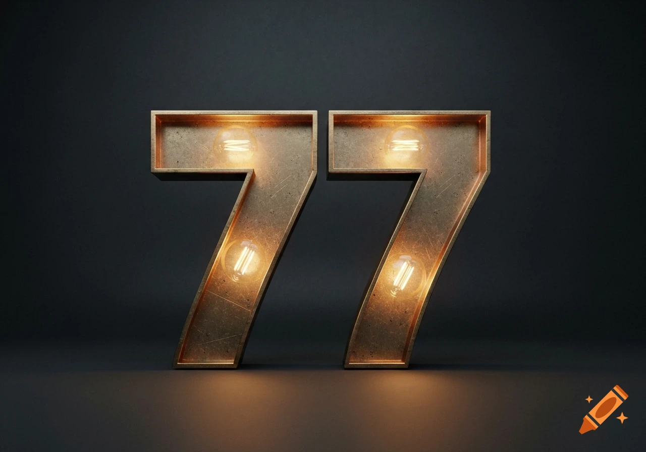 Two illuminated golden marquee-style number sevens (77) against a dark background, casting a warm glow.