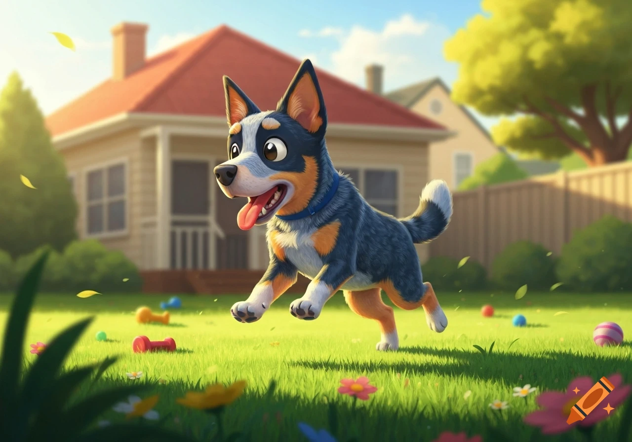 A cartoon blue heeler dog joyfully running and jumping in a sunny green backyard with toys scattered around.