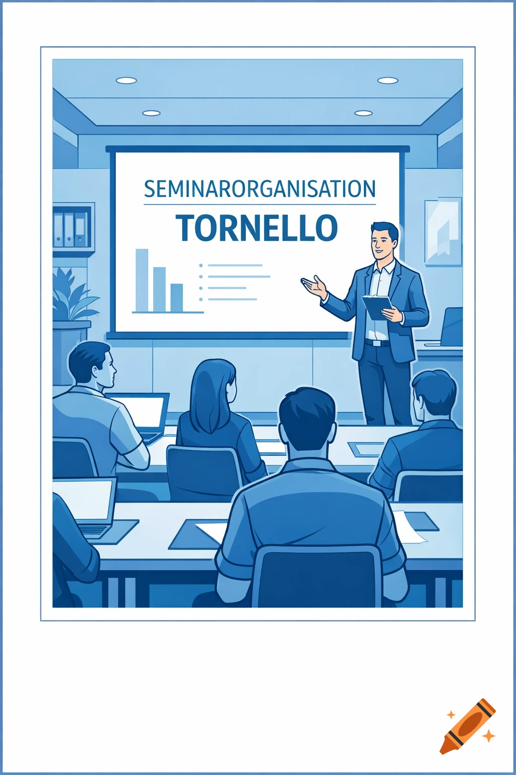 A blue-toned digital illustration of a business seminar with a speaker presenting to attendees, displaying "SEMINARORGANISATION TORNELLO" on a screen.