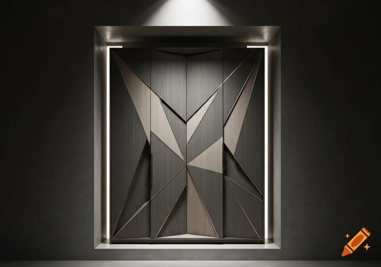 Modern wardrobe with irregular geometric panels and integrated lighting in a dark niche.