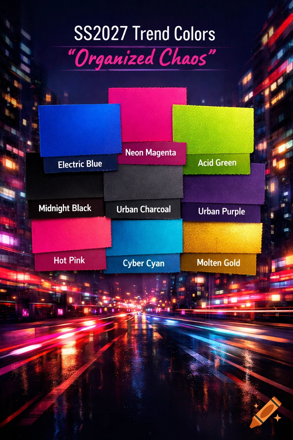 Fashion color card with nine fabric swatches displaying urban-themed trend colors like Electric Blue, Neon Magenta, Acid Green, and Molten Gold against a blurred, vibrant cityscape at night.