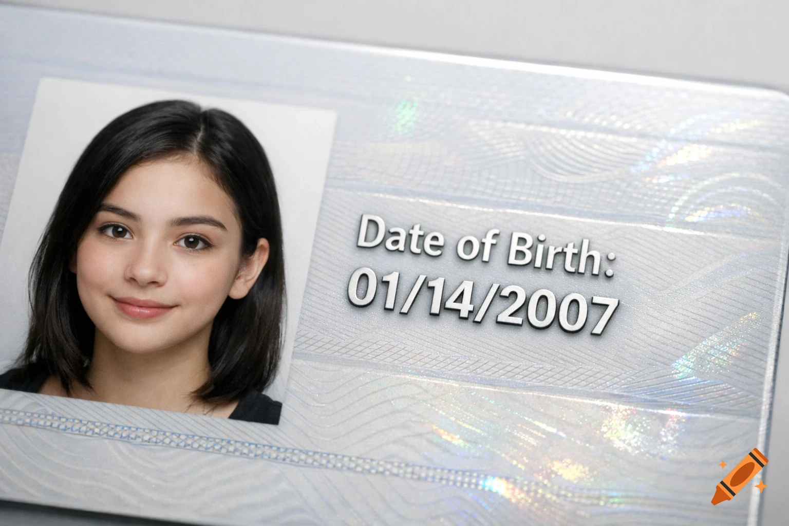 Close-up of a realistic ID card showing a young woman's photo and the date of birth 01/14/2007.