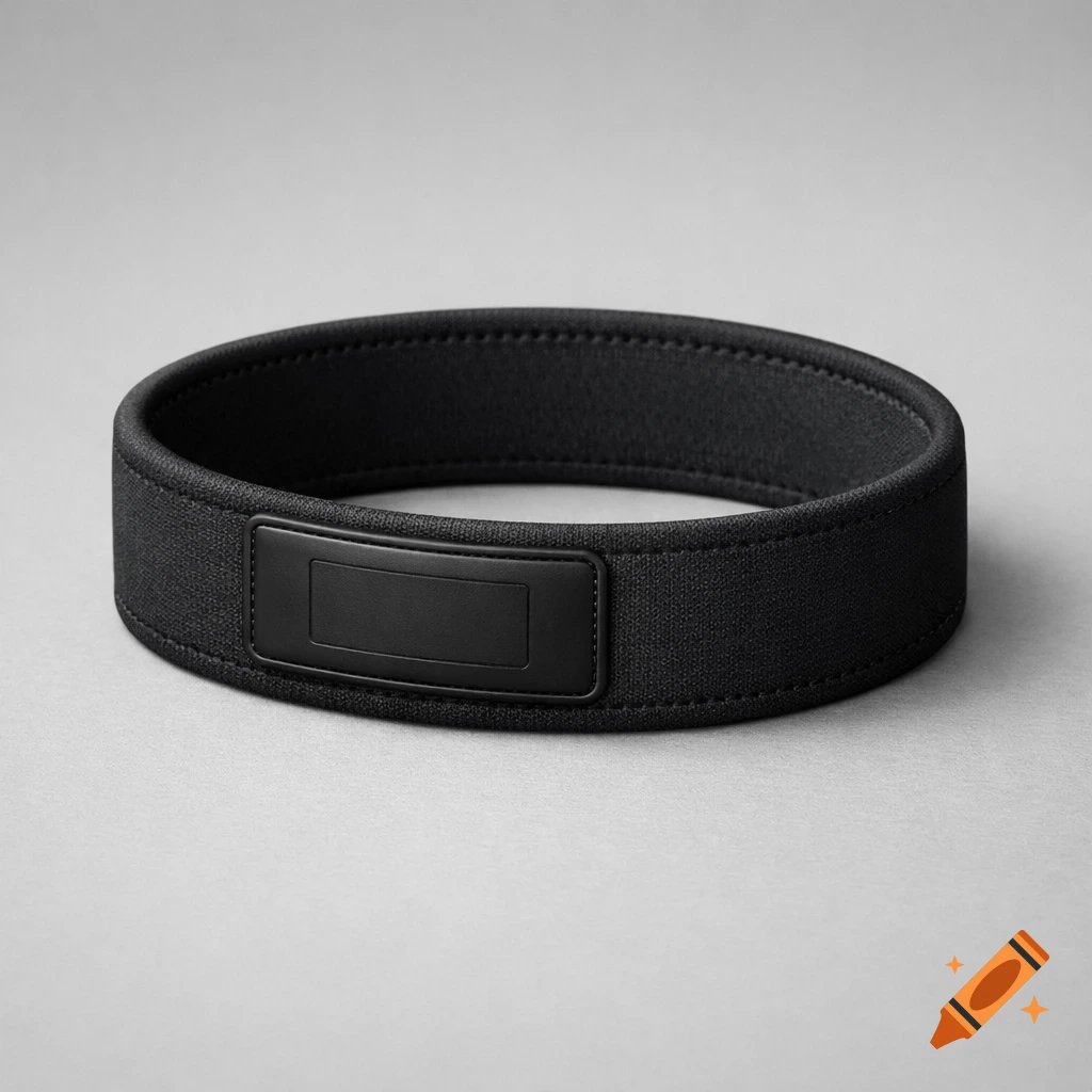 High-quality studio product photo of a black fabric wristband with a smooth dark rectangular patch, on a neutral grey background.