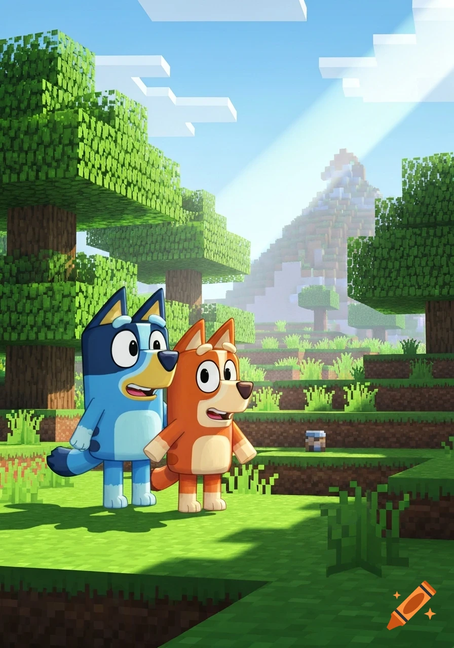 Bluey and Bingo, animated dog characters, stand in a sunny, blocky Minecraft-style forest.