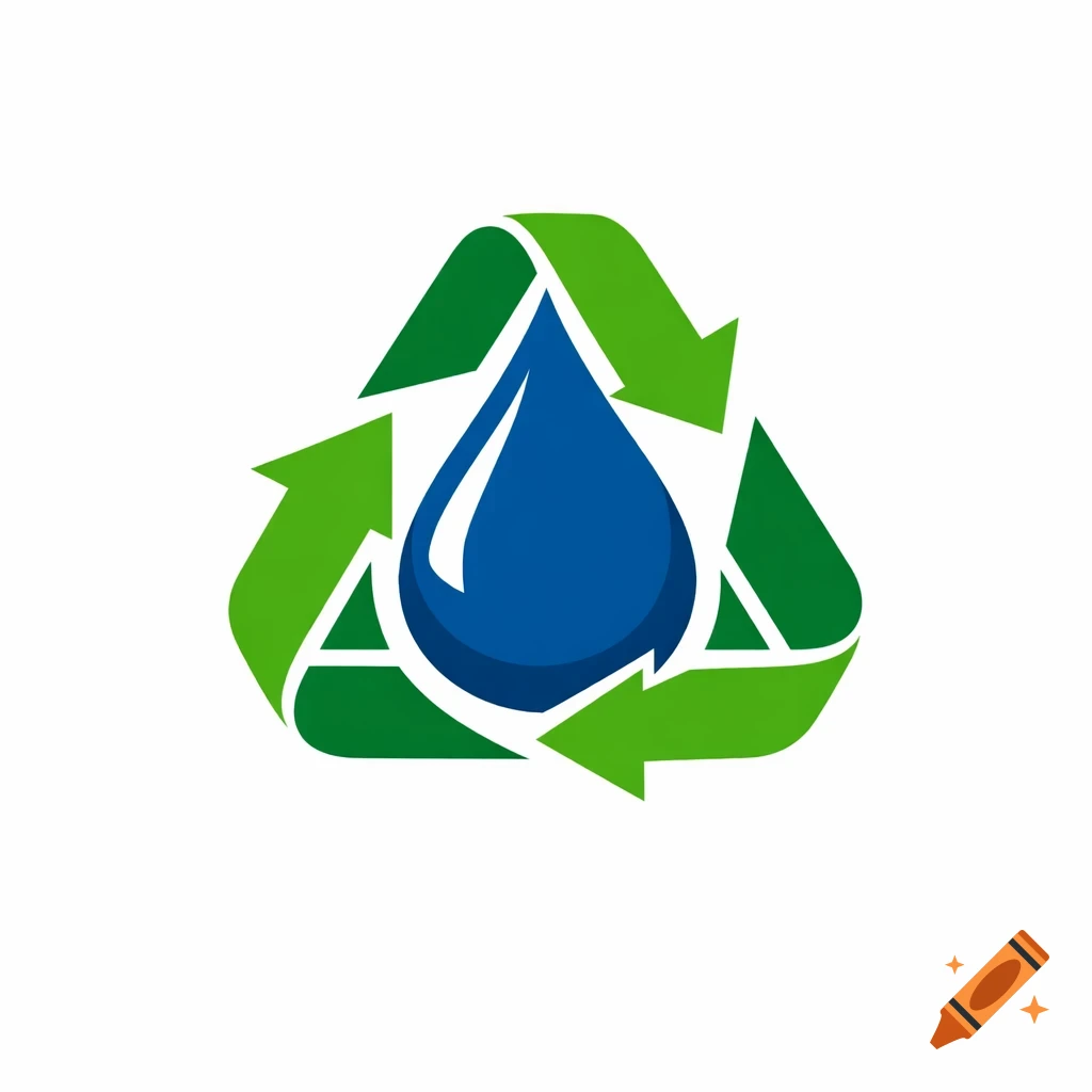 A blue water droplet inside a green recycling symbol logo on a white background.