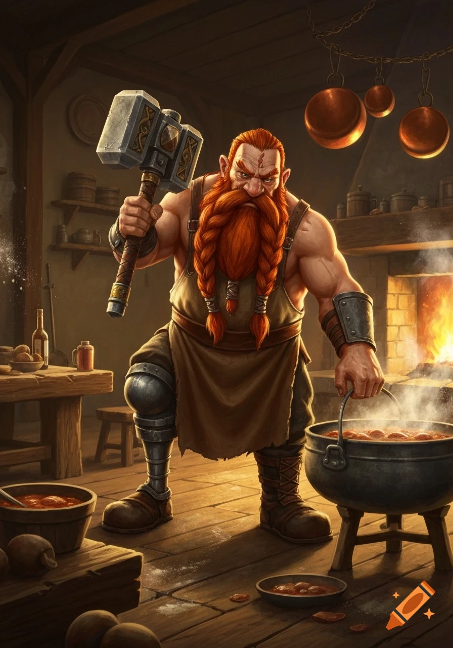 A muscular, red-bearded dwarf cook with a warhammer raises it in one hand while holding a pot of stew in the other, standing in a rustic kitchen.