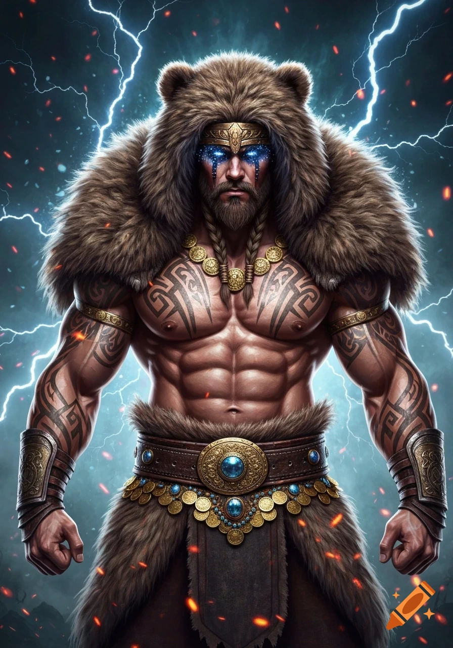 Muscular Viking man in a bear pelt, gold jewelry, and tribal tattoos, with glowing blue eyes, surrounded by lightning and fire.