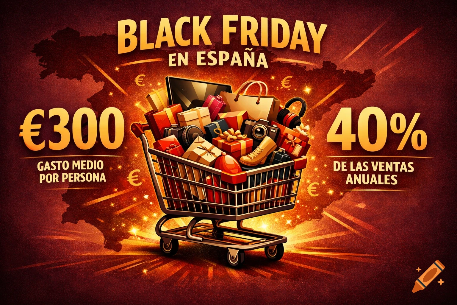 A vibrant Black Friday advertisement featuring a shopping cart full of gifts and sales statistics over a map of Spain.