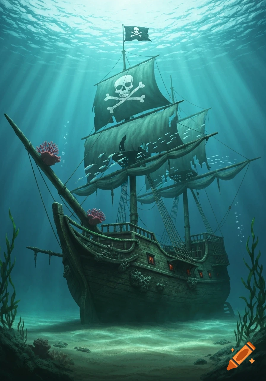 A majestic sunken pirate ship with tattered sails and skull flags on the ocean floor, illuminated by sunbeams through turquoise water, surrounded by coral and fish.