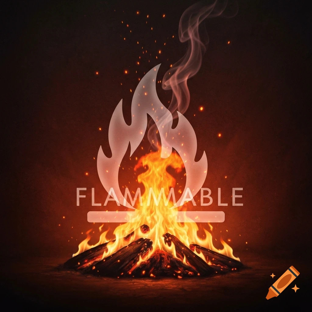 A stylized image of a campfire with burning logs, embers, and smoke. A translucent white flame pictogram with the word "FLAMMABLE" is overlaid on top.