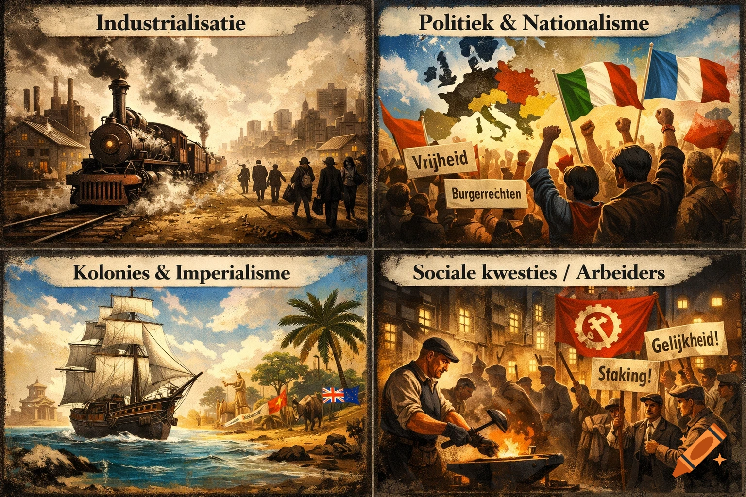 A four-panel historical illustration depicting Industrialization, Politics & Nationalism, Colonies & Imperialism, and Social Issues / Laborers in a painterly style.
