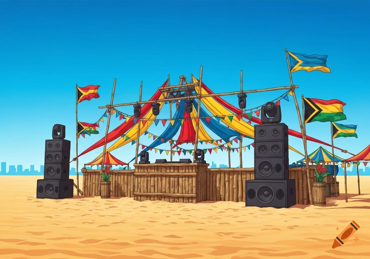 Colorful Caribbean beach party illustration with a bamboo DJ booth, large speakers, fabric canopies, and flags under a bright blue sky.