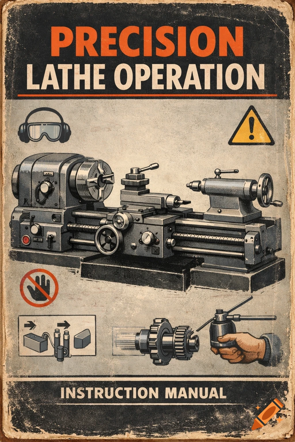 Vintage industrial illustration of a lathe operation instruction manual with text, diagrams, and safety symbols.