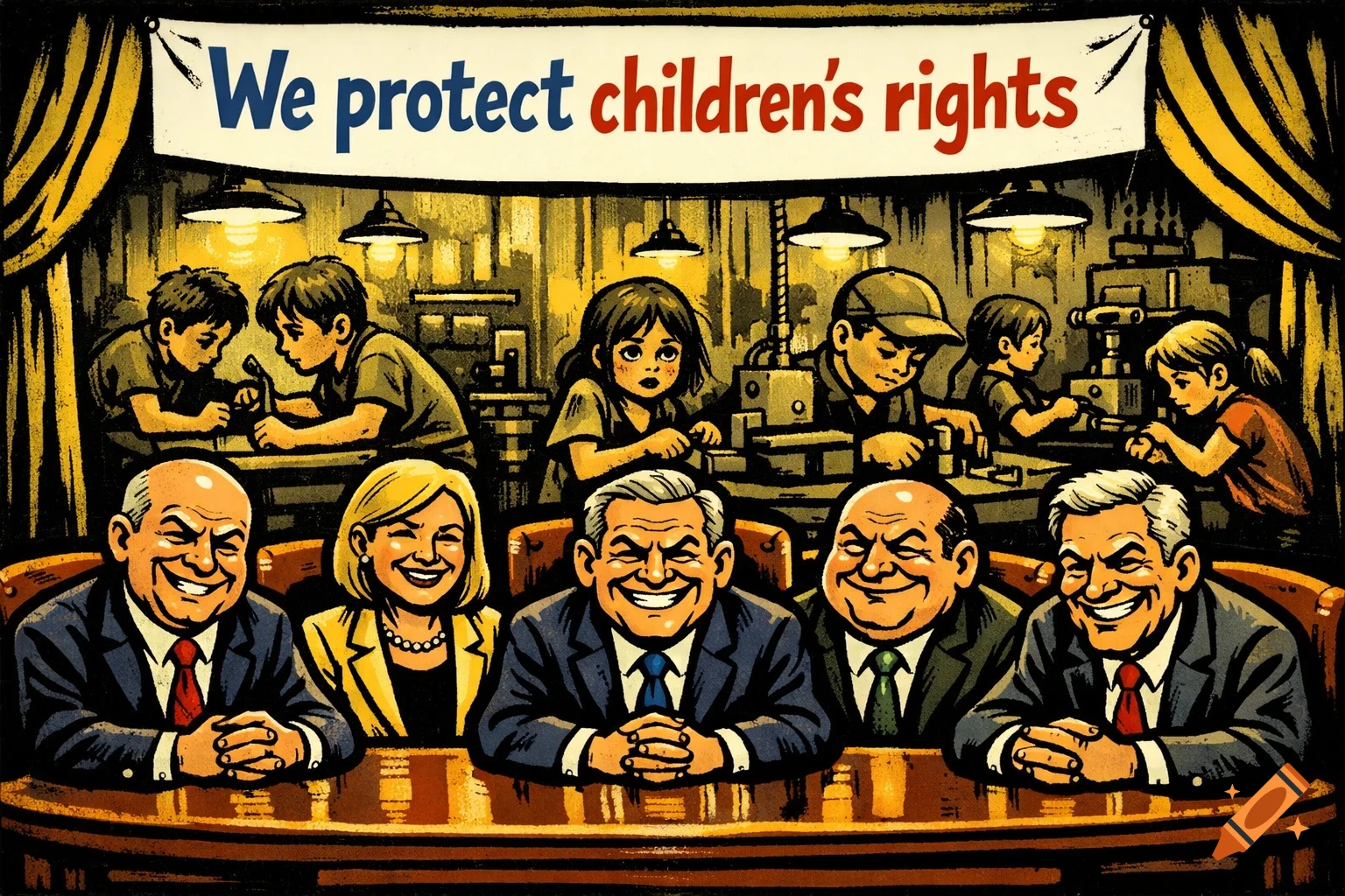 Satirical cartoon showing smiling politicians at a desk under a banner 'We protect children's rights', while children work in a factory behind them.