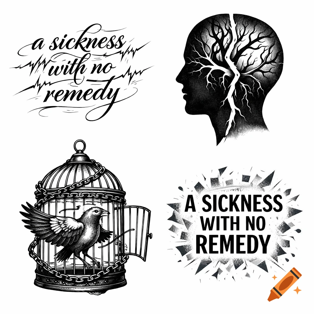 Four distinct black and white tattoo designs: script text with heartbeat lines, a silhouette of a head with tree branches inside, a bird escaping a cage, and distressed block text.