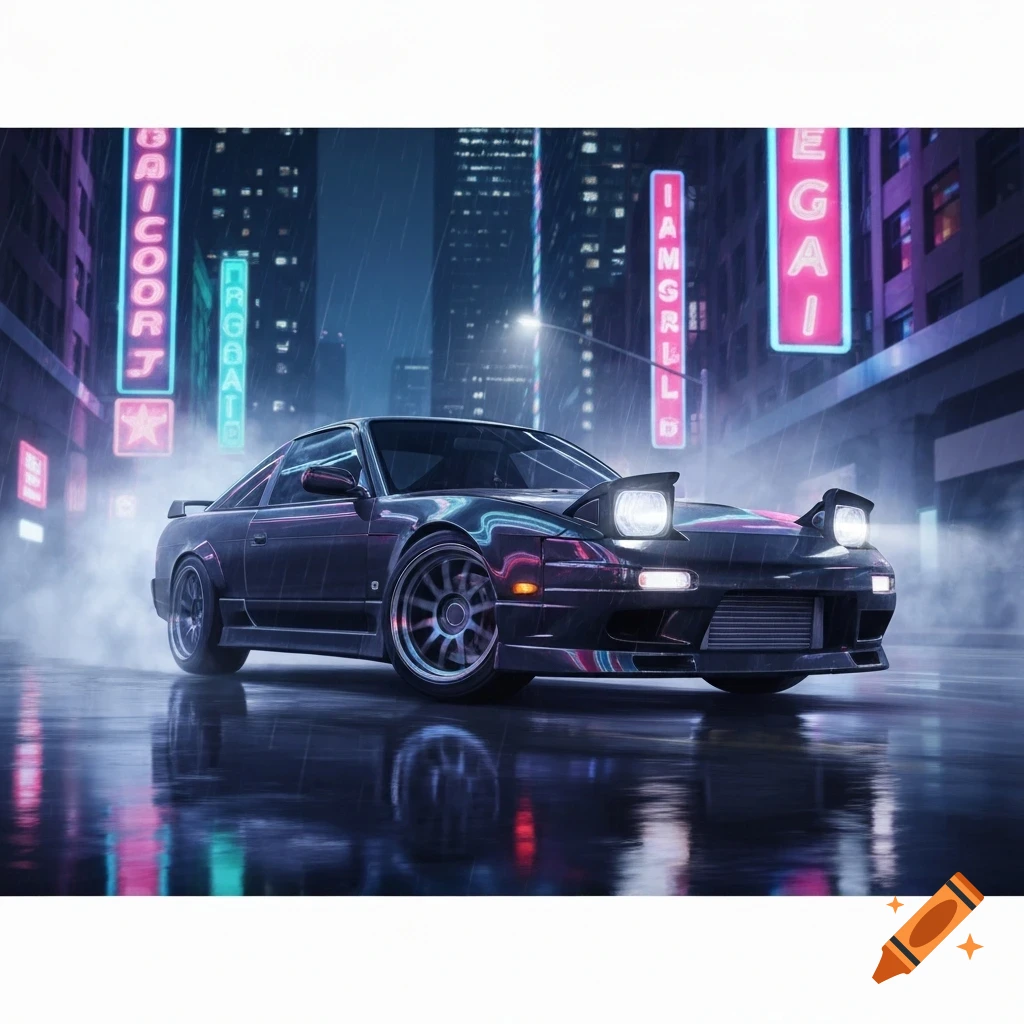 Dark gray Nissan 180SX with pop-up headlights on a wet city street at night, with neon lights reflecting in puddles.