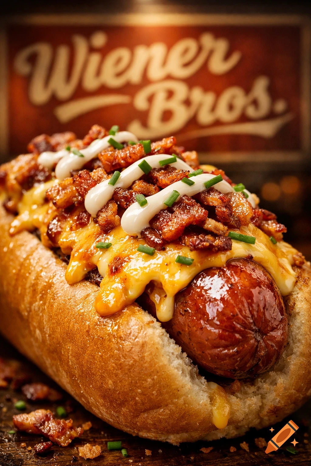 Close-up of a delicious hot dog with melted cheese, crispy bacon, creamy sauce, and chives, against a blurred 'Wiener Bros.' sign.