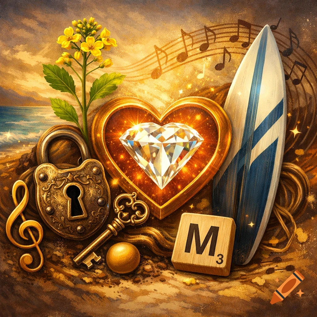 An artistic still life with a mustard plant, golden padlock and key, a heart with a diamond, a surfboard, a treble clef, and a Scrabble tile showing 'M3' on a beach at sunset.