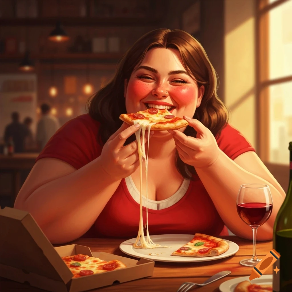 A smiling woman with rosy cheeks joyfully eats a slice of pizza with a long cheese pull, sitting at a table with wine and a pizza box.