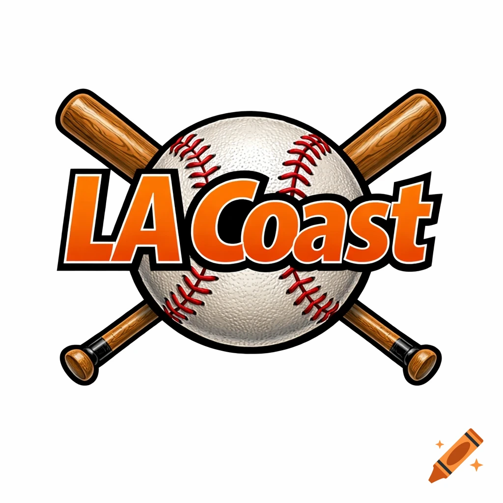 Orange "LA Coast" logo with a black outline, layered over a white baseball and two crossed wooden bats on a white background.