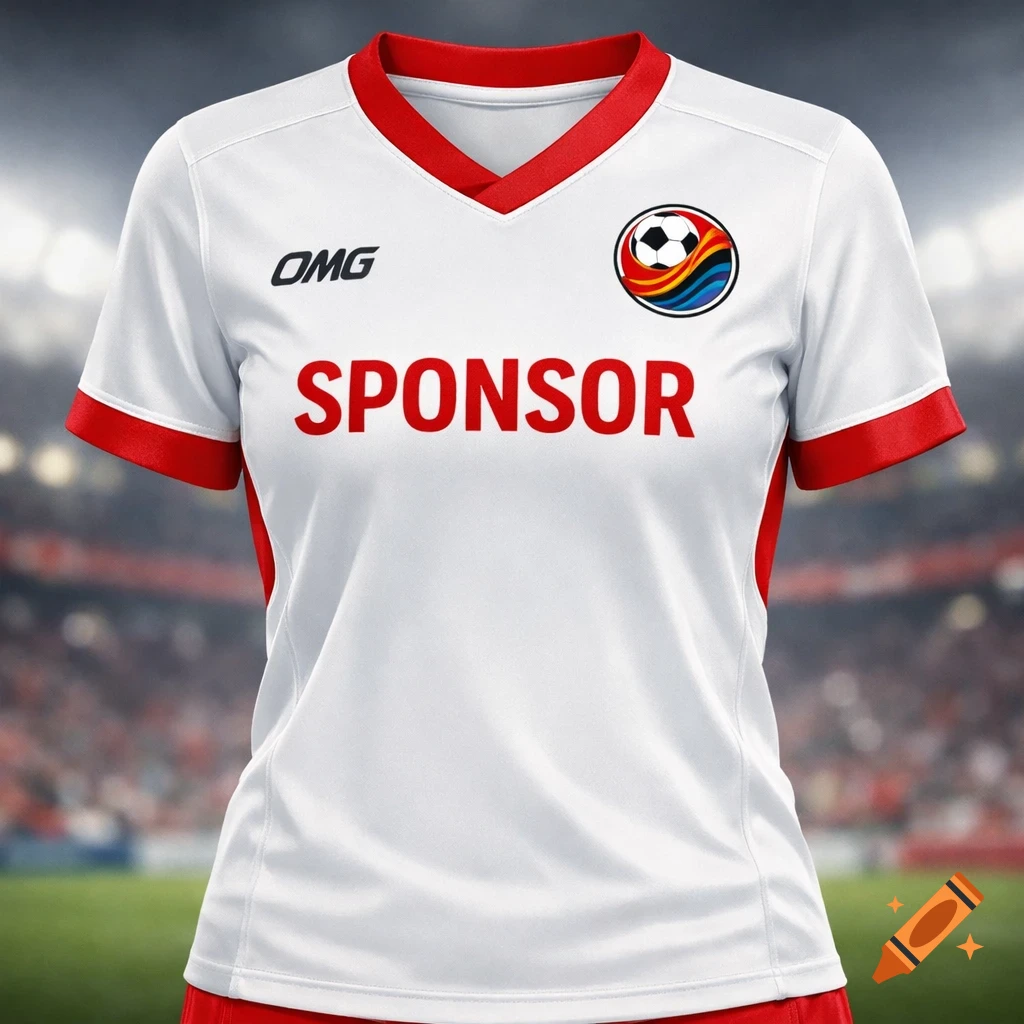 White and red women's soccer jersey with "OMG" and "SPONSOR" text, and a soccer ball logo on the chest, against a stadium background.