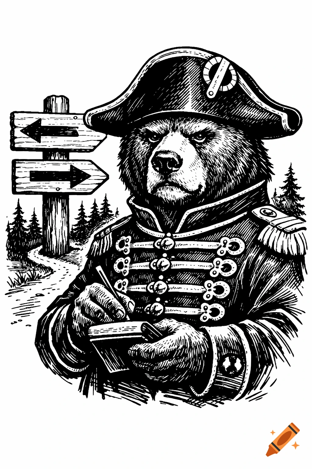 Black and white drawing of an anthropomorphic bear in a gendarme uniform writing in a notebook next to a signpost in a forest.