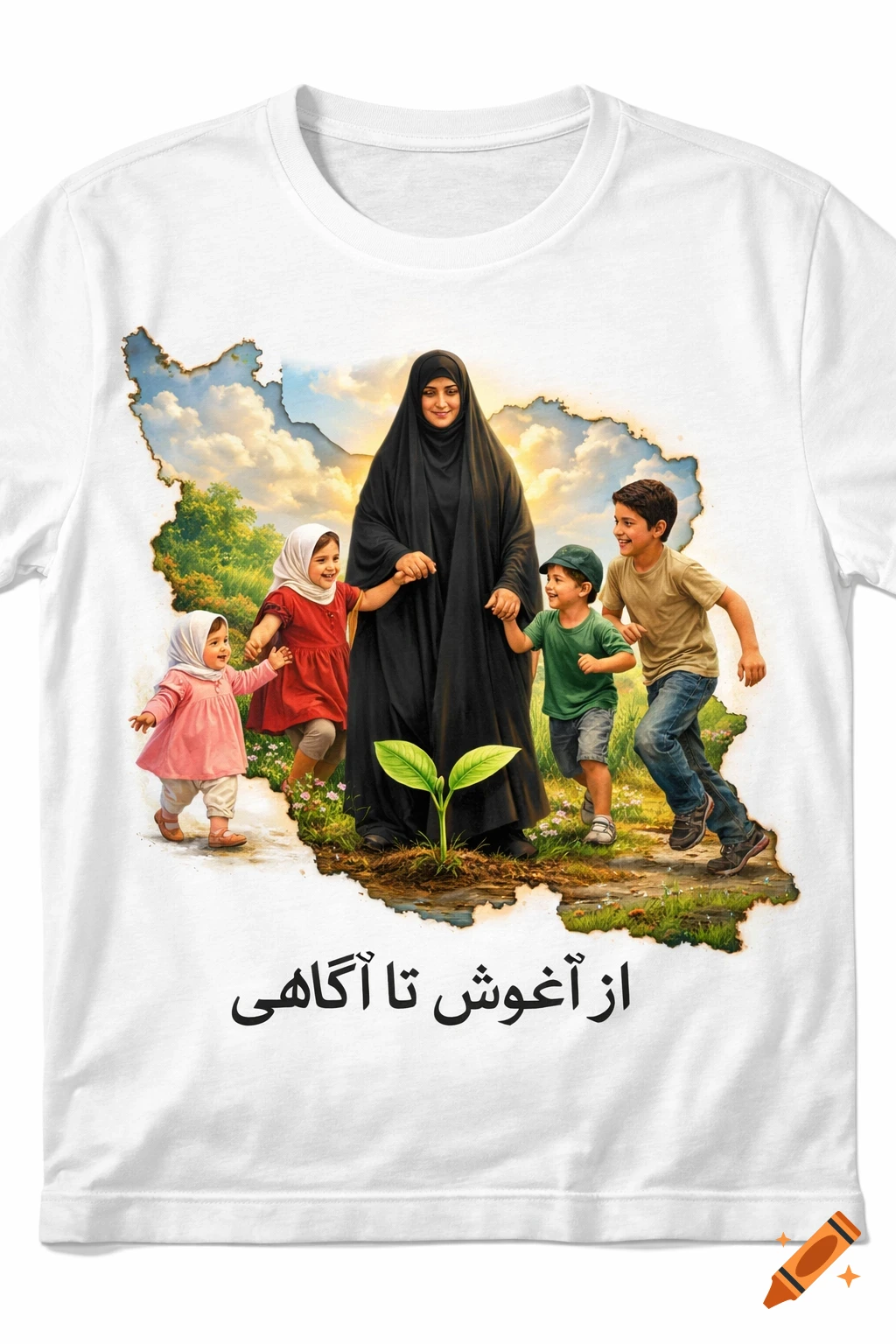 A woman in a black hijab holds hands with four smiling children on a vibrant landscape shaped like the map of Iran, with a green sprout at her feet, on a white t-shirt. Persian text reads "From embrace to awareness" below.