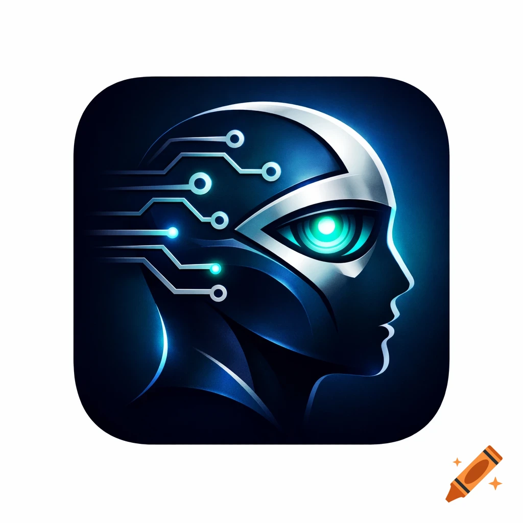 Stylized blue and silver AI app logo featuring a human head with circuit patterns and a glowing eye.