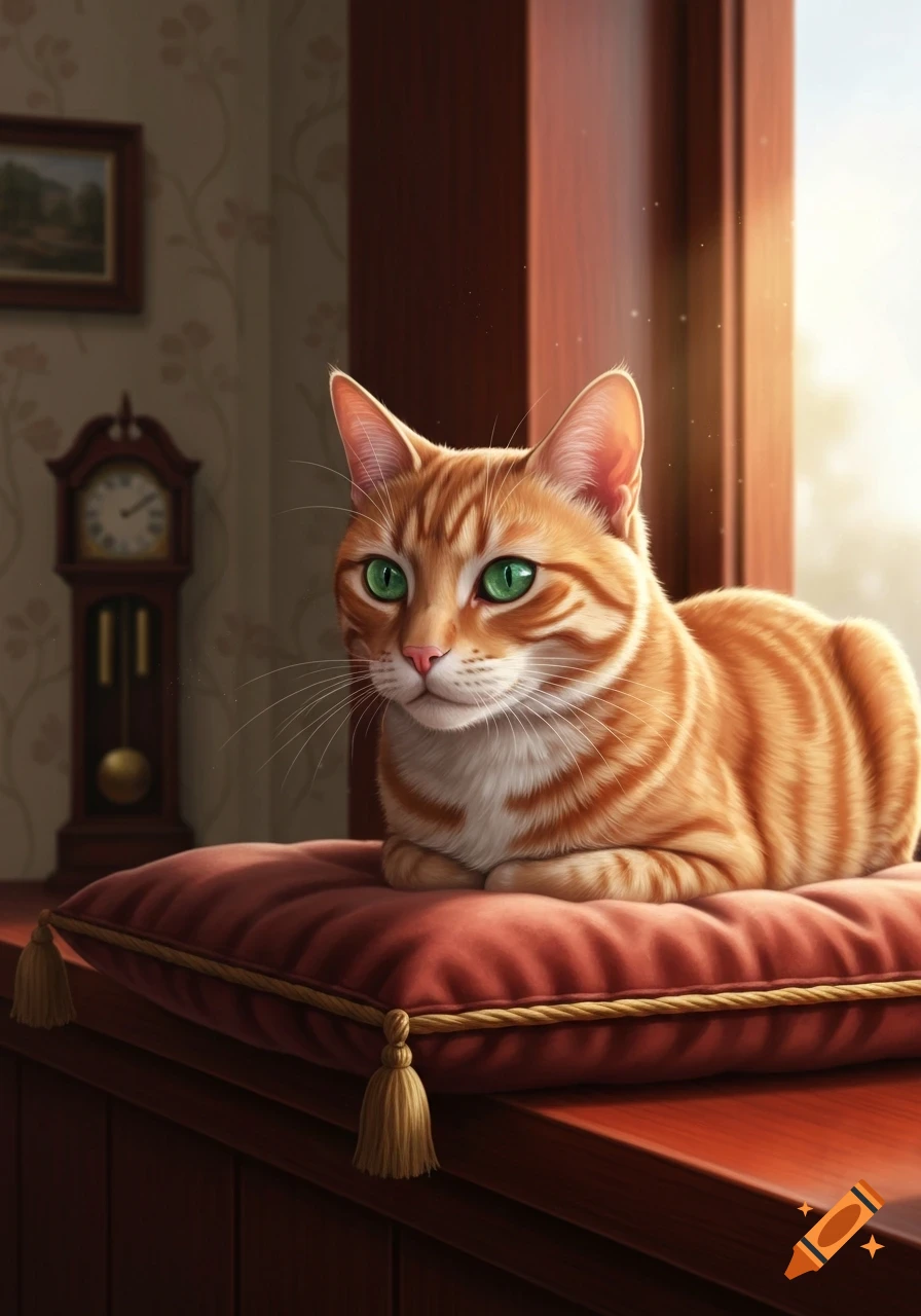 An orange tabby cat with vivid green eyes rests on a red velvet cushion near a sunlit window.