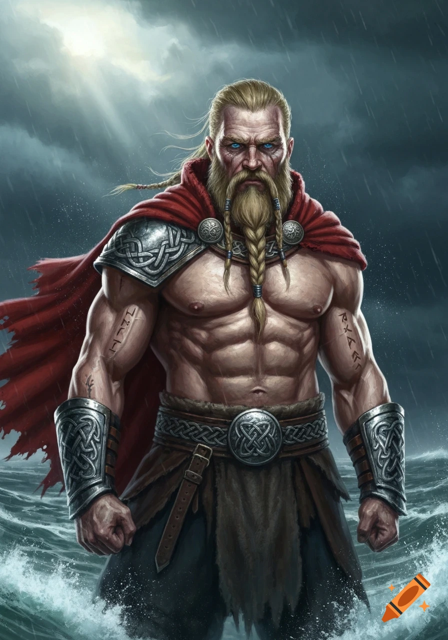 Muscular Viking man with braided beard, red cloak, and armor stands in stormy water under a cloudy, dramatic sky.