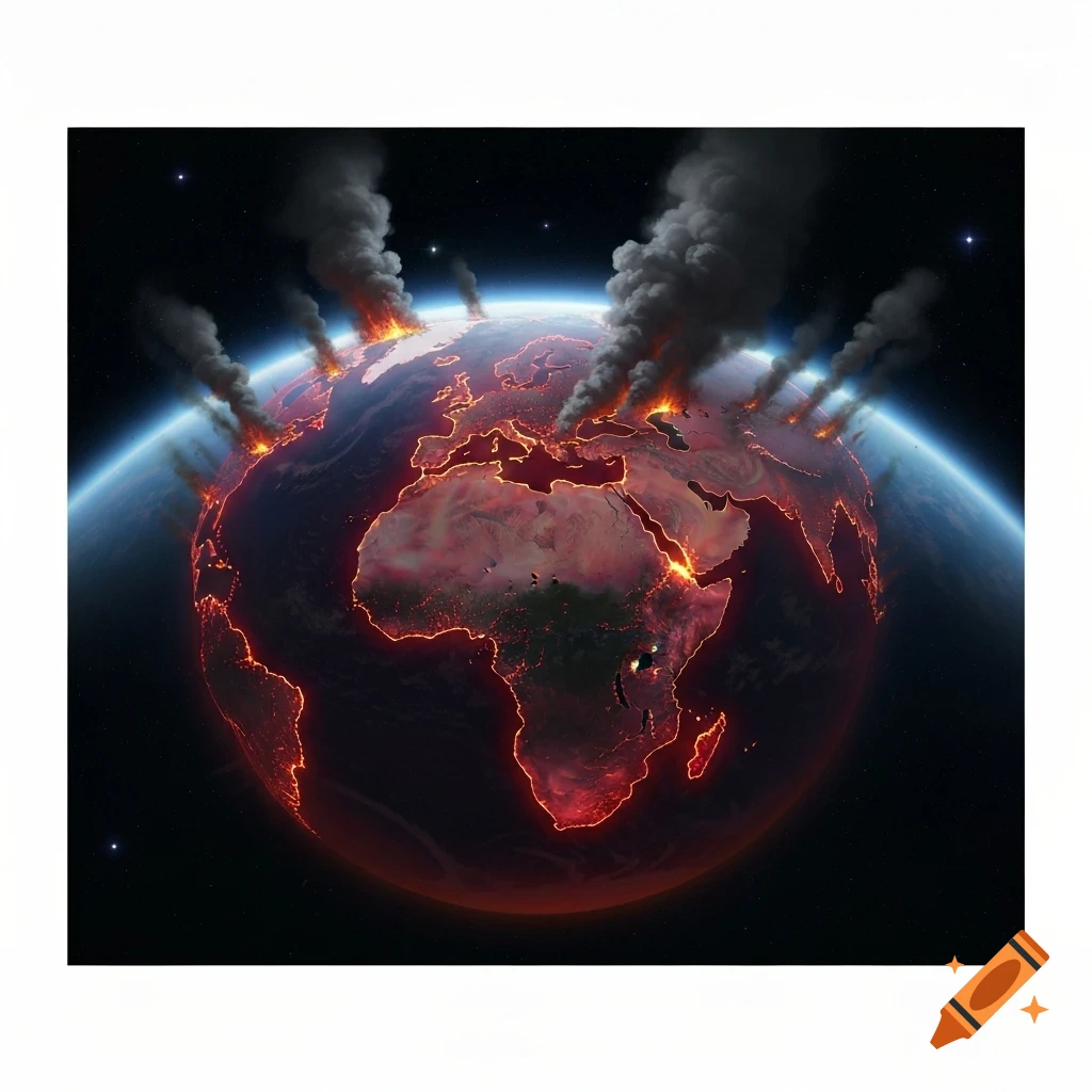 Earth from space, continents glowing red with fire and smoke plumes rising, depicting a post-apocalyptic scene.