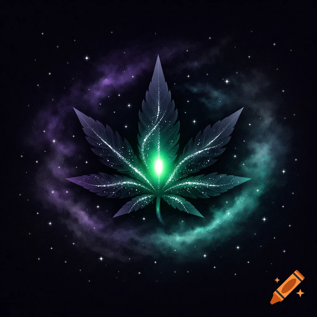 A stylized glowing green cannabis leaf with sparkling trails against a purple and teal nebula and stars on a black background.