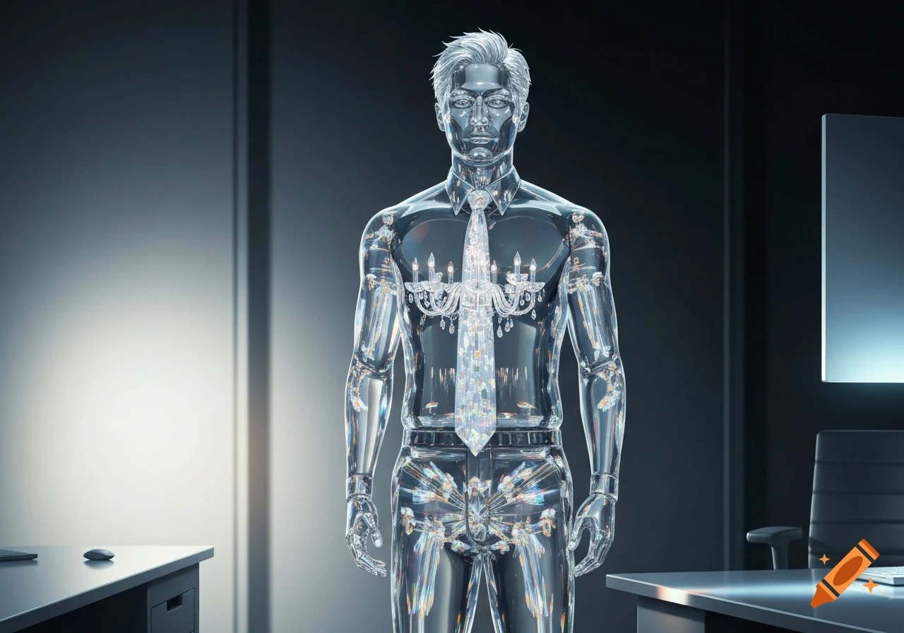 A futuristic man made of clear glass-like crystal, wearing a shirt and tie with a chandelier design, stands in a modern office.