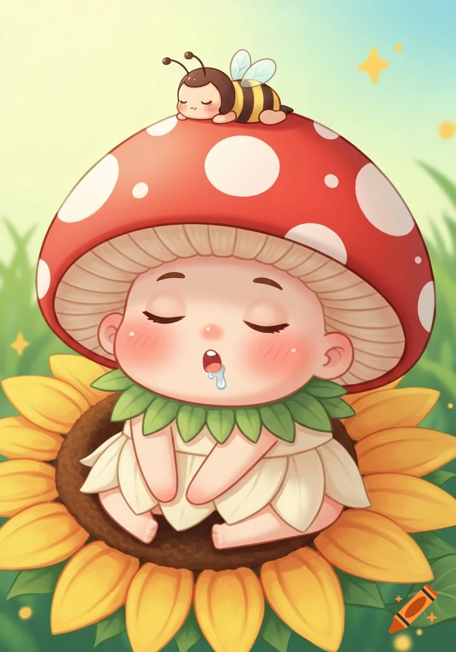 A cute chibi mushroom character with a red spotted cap sleeps on a sunflower, with a tiny bee sleeping on its head.