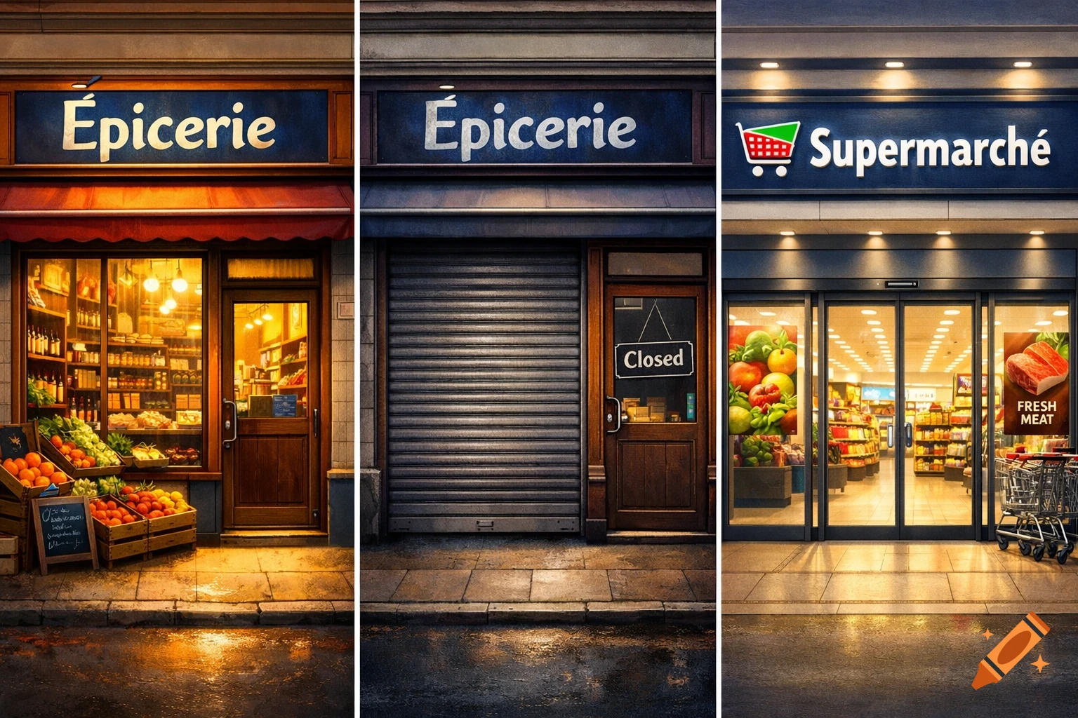 A triptych showing three different store facades. From left to right: a lit small grocery store, a closed grocery store with a metal shutter, and a modern supermarket.