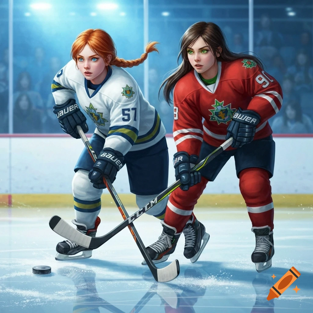 Two young female ice hockey players, one in white and one in red, pose on an ice rink with their sticks and a puck, in a detailed digital art style.