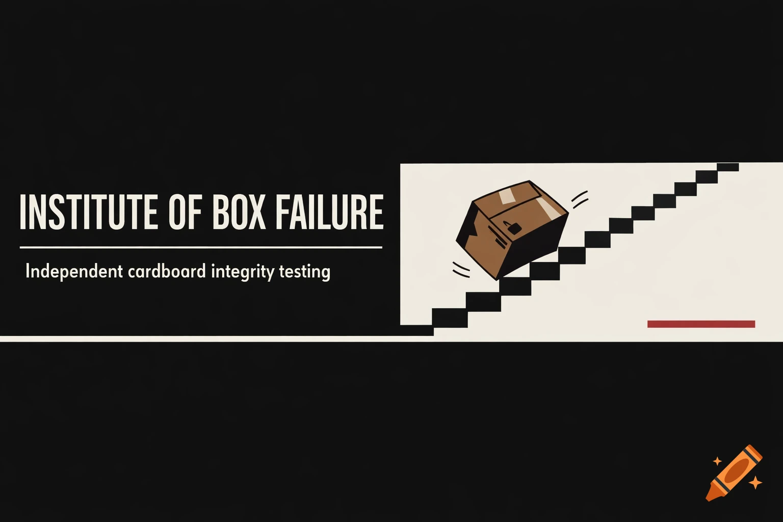 A minimalist banner for 'Institute of Box Failure' with a flat illustration of a cardboard box falling down stairs.
