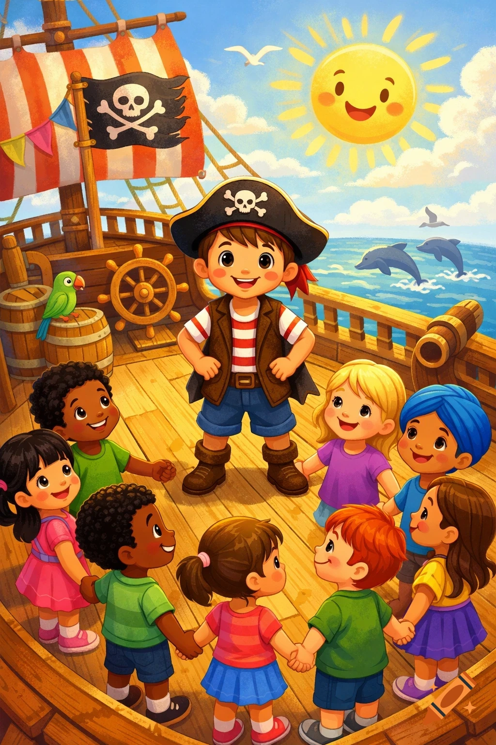 A cartoon boy dressed as a pirate stands on a pirate ship with a skull and crossbones flag, surrounded by diverse children holding hands. A smiling sun shines over the ocean with dolphins.