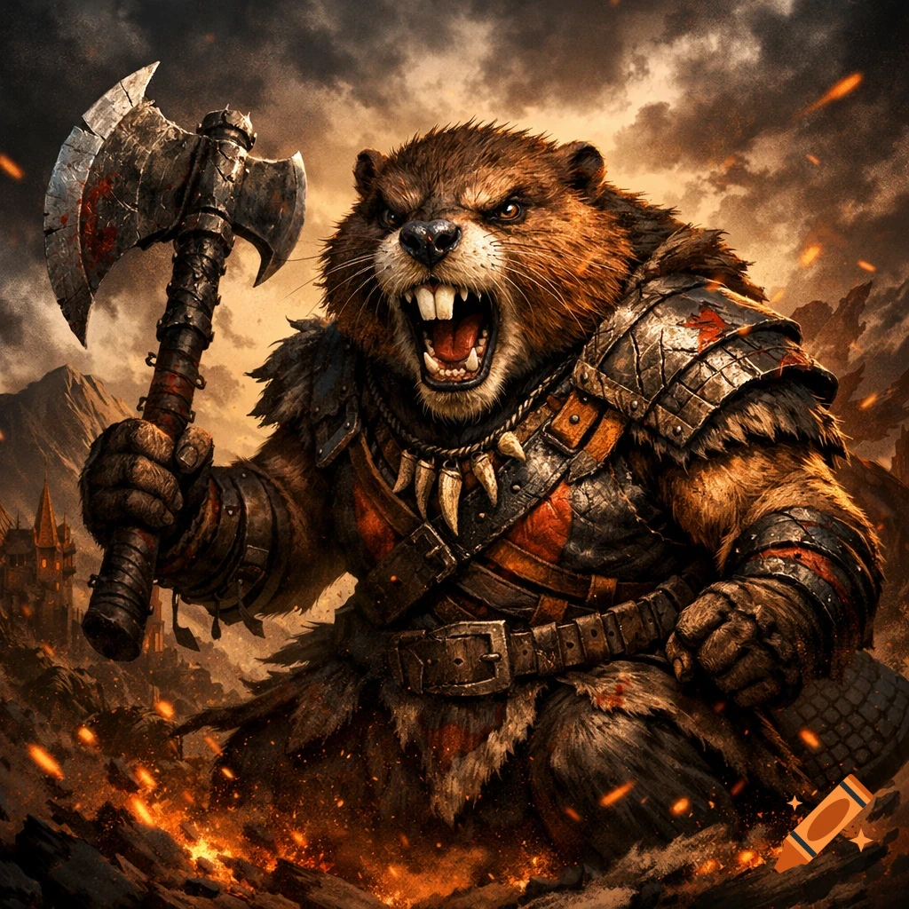 An aggressive anthropomorphic beaver warrior in full armor, holding a bloody axe, stands amidst flames against a dark, cloudy sky.