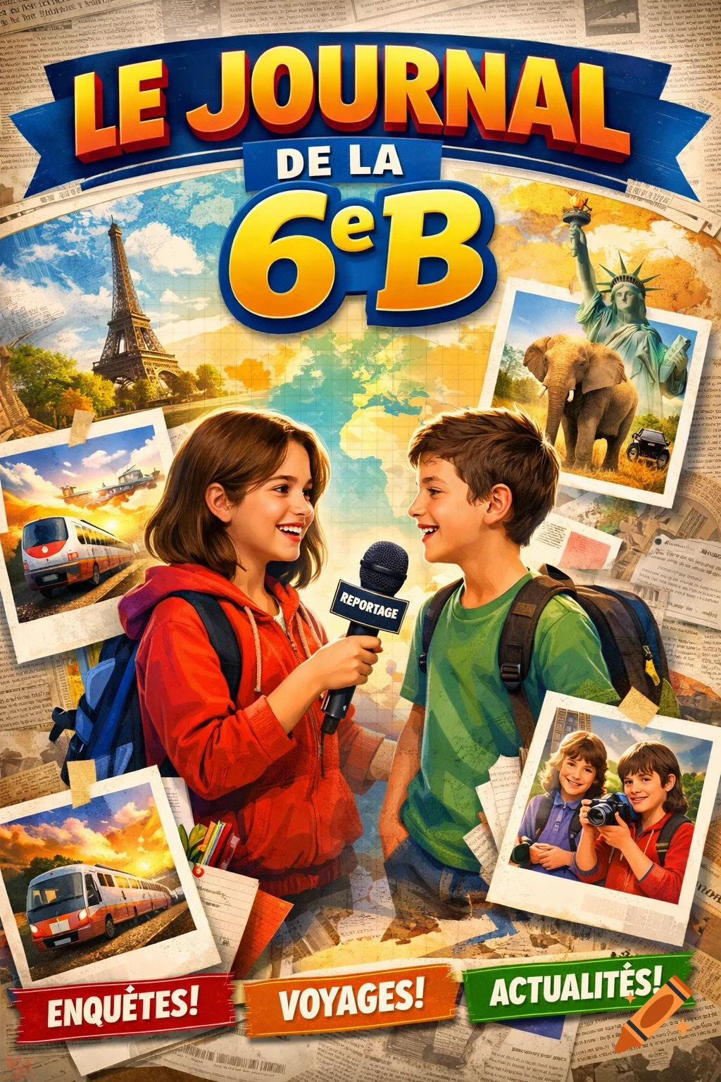 A colorful poster featuring two smiling children, a girl with a microphone and a boy, against a world map with travel photos and text "LE JOURNAL DE LA 6e B".