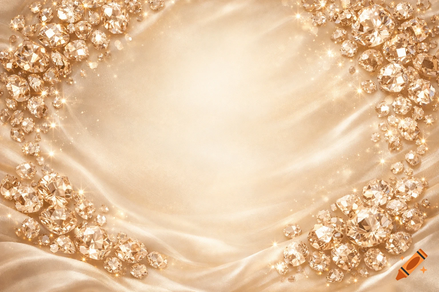 A decorative background with sparkling champagne-colored diamonds on draped golden satin fabric.