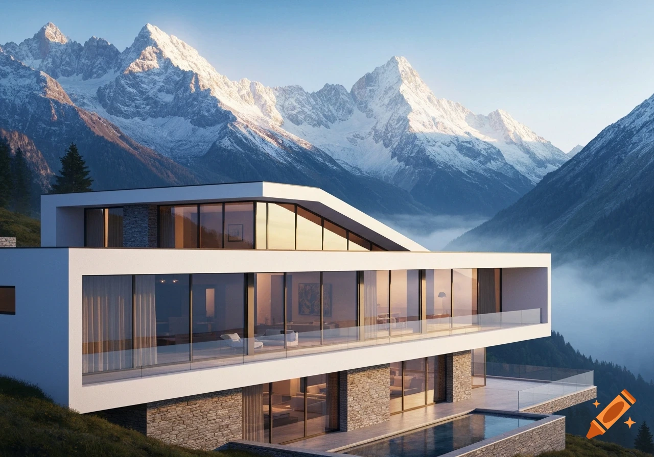 A modern white and stone villa with large windows and an infinity pool, nestled in a snowy mountainous landscape.