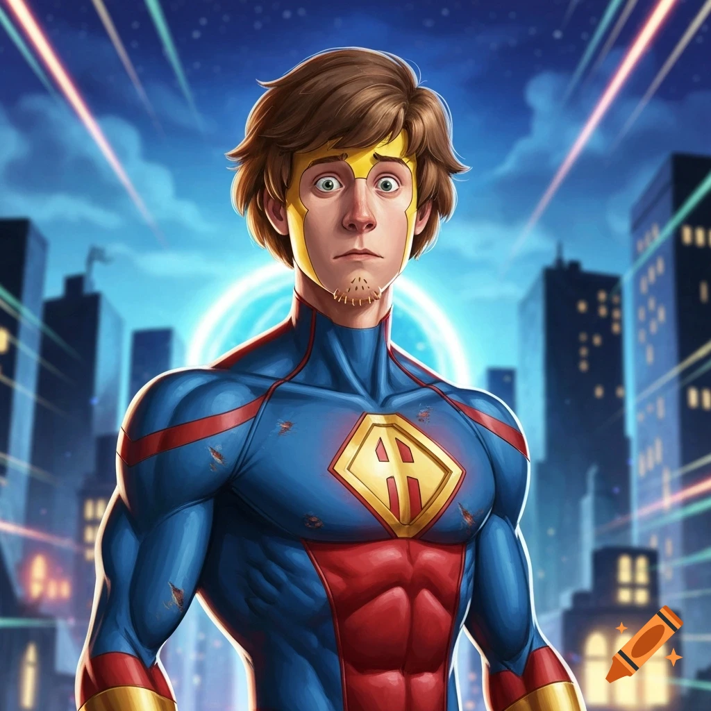 Shaggy from Scooby Doo as a superhero in a blue and red suit with a gold 'A' emblem, standing in a city at night.